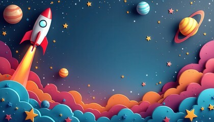 Rocket Launch in a Papercraft Space Scene.