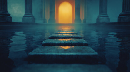 Journey of Reflection, footsteps leading up to a synagogue, symbolizing personal reflection, with copy space, Celebrating Yom Kippur