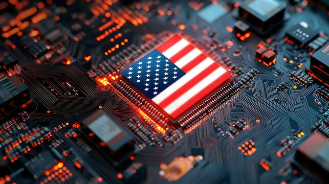 Microchip Featuring American Flag Symbolizing Innovation Technology Progression Design - Powered by Adobe