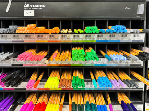 Vienna, Virginia - September 28, 2024: Display of Stabilo pens and markers in various colors at a Michaels arts and crafts store