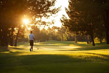 Fototapeta premium Sunset golfing: tranquil scene of man walking on lush green course
