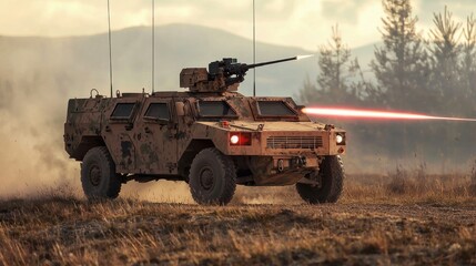 Fototapeta premium A modern military vehicle equipped with laser-guided weapon systems, accurately targeting and striking an enemy position.