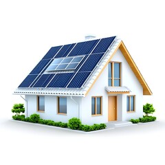 Perfect Mockup of a Modern House with Solar Panels on the Roof Isolated on White Background