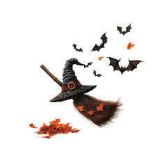 A witch hat and broom surrounded by bats and autumn leaves, symbolizing Halloween, magic, and fall decorations