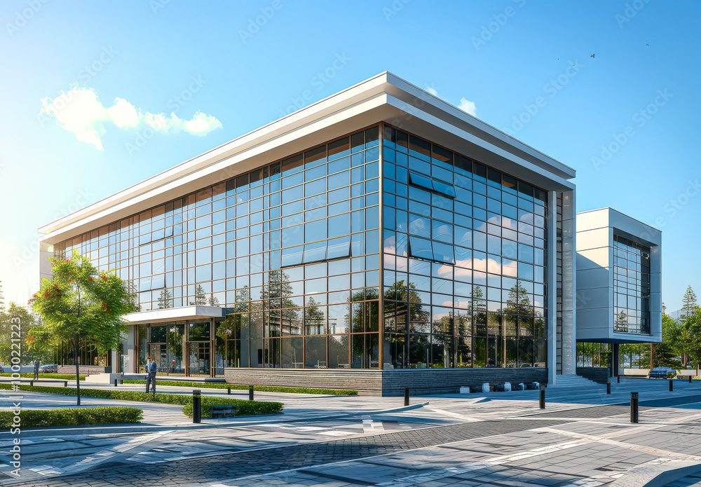 Poster large glass building with a large pool in front of it. the building is surrounded by trees and the p