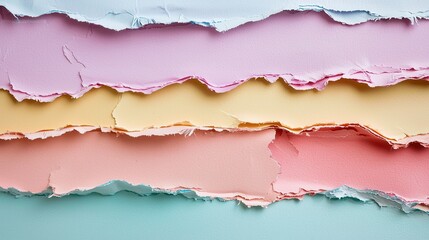 Fototapeta premium Layered pastel-colored paper with torn edges, creating an artsy, handmade background. The soft hues and textured appearance add a creative touch, perfect for crafts, invitations