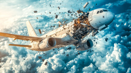 Naklejka premium Airplane exploding while flying in cloudy sky