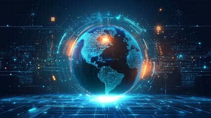 Fototapeta premium Futuristic holographic planet Earth with a glowing digital map, depicting global communication systems. A modern tech vector with a HUD interface. 