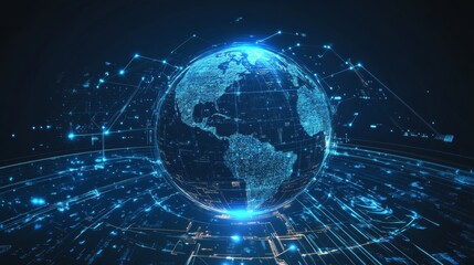 Futuristic holographic planet Earth with a glowing digital map, depicting global communication systems. A modern tech vector with a HUD interface. 