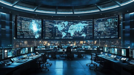 A bustling military command center filled with personnel actively monitoring screens displaying live battlefield data, satellite imagery, and tactical maps. 