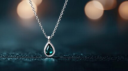 Silver necklace with a small tear-shaped emerald gemstone, set in a minimalist bezel, glowing gently, Modern, 3D Render