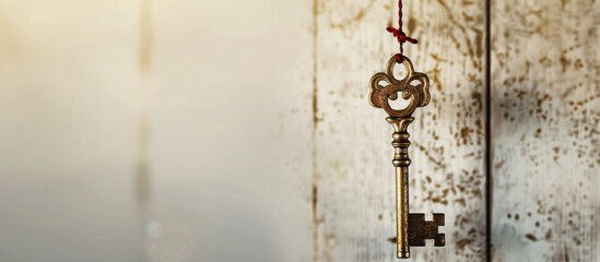 Gold vintage key hanging on the wall. Success concept