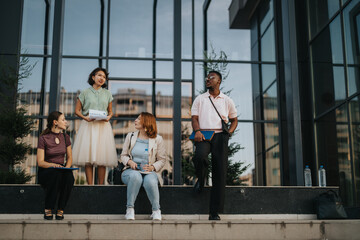 A group of diverse young business people engage in a casual meeting outside a contemporary glass building, fostering collaboration and teamwork in an urban setting.