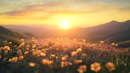 Sunrise Over Rolling Hills and Wildflowers