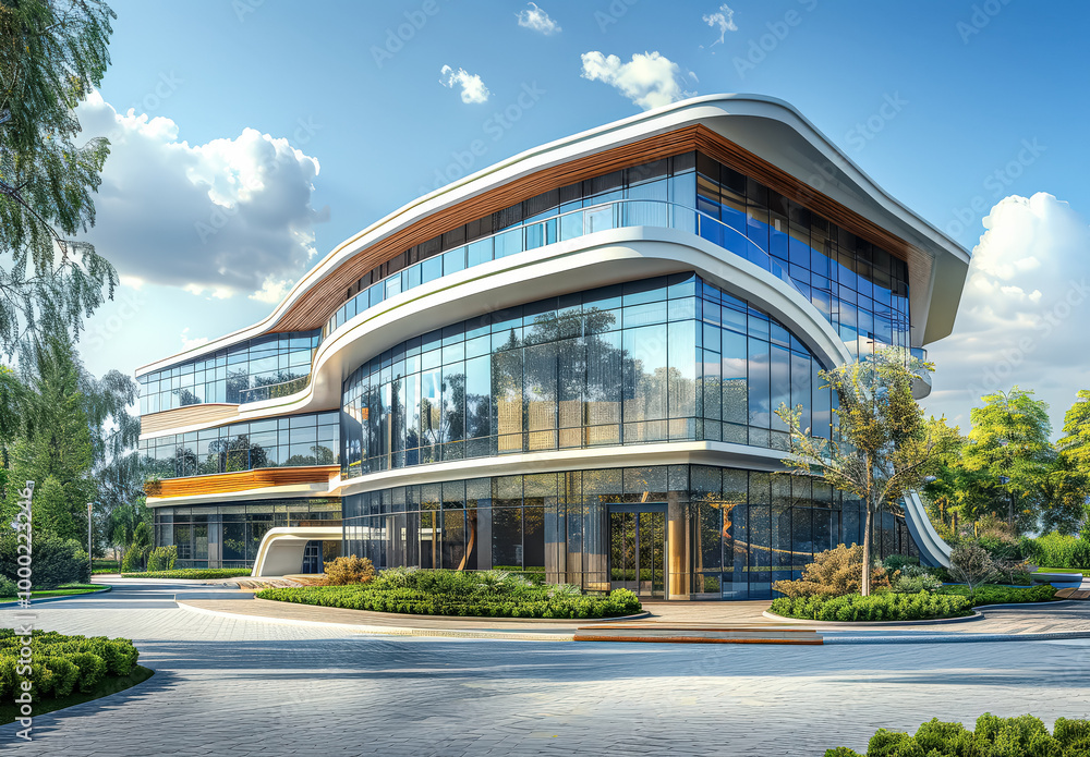 Poster large glass building with a large pool in front of it. the building is surrounded by trees and the p