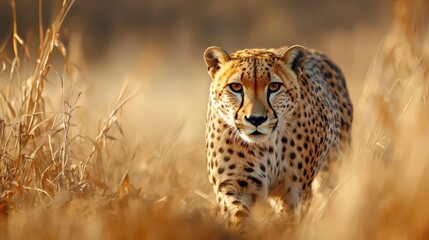 Naklejka premium A majestic cheetah walking through tall grasses in a golden landscape.