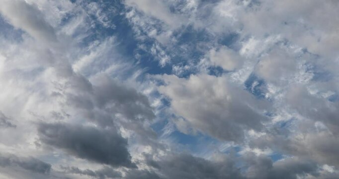 Two direction moving clouds on two layers in the cold morning autumn sky. 