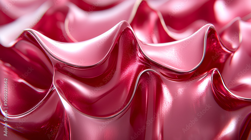 Poster a close-up view of wavy crimson material showcasing glossy texture and intricate patterns in soft, f