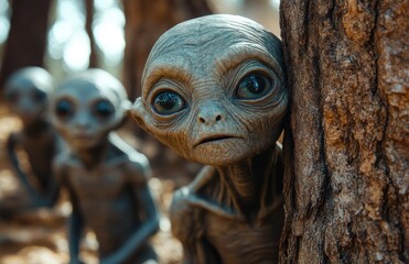 Three grey aliens hiding in the woods, one leaning against a tree, with large eyes and long arms, exploring their surroundings at dusk