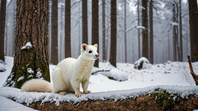 White ermine standing and looking around in the snowy forest. Winter animal wildlife watching footage for animalistic video. Realistic shot at woods landscape with mammal.
