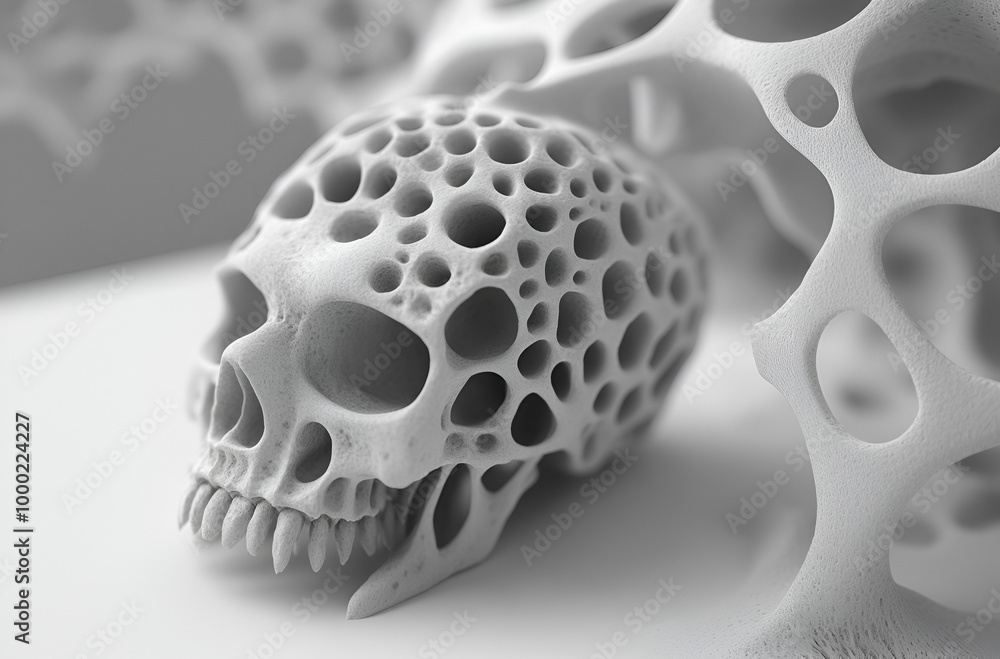 Poster intricate porous skull design in a stark white environment showcasing modern artistic interpretation
