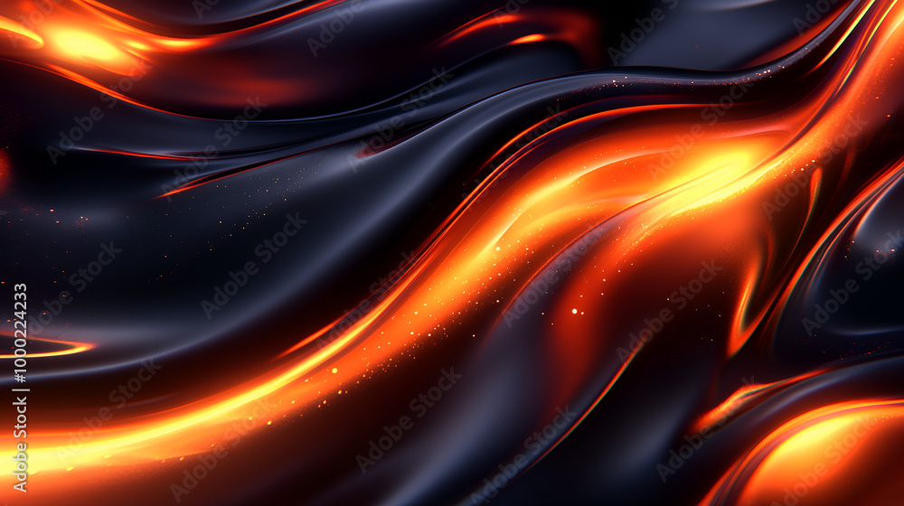 Poster flowing waves of black and orange fabric create a dynamic, captivating abstract pattern in a digital