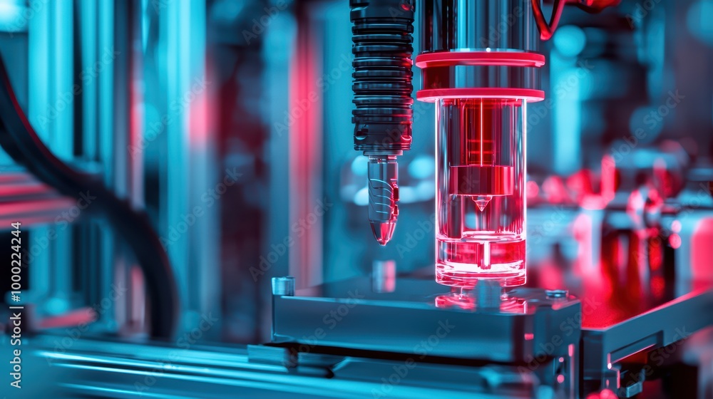 Poster advanced technology equipment with illuminated components in a laboratory setting.