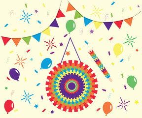 Colorful party background with pinata,  balloons, confetti and ribbons.