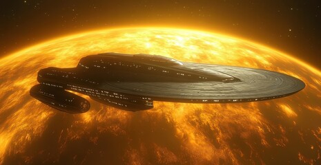 The starship travels through space, illuminating an alien landscape with a yellow planet in the backdrop