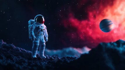 Naklejka premium Astronaut on a distant planet, surrounded by colorful cosmic scenery.