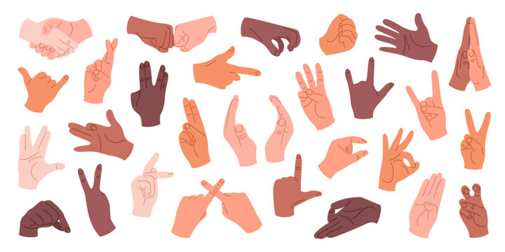 Set of human hands with different gestures and positions. Hands with different skin tones showing rock sign, high five, greeting and other signs. Isolated vector illustrations on a white background.