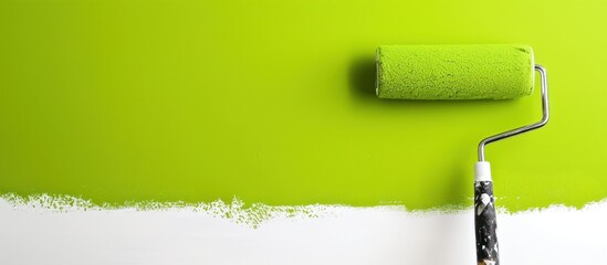 Obraz premium Photo of paint roller painting green walls, painting apartment walls, renovation with green paint.