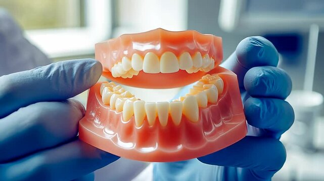 A dentist, wearing blue gloves, holds a detailed denture model in a brightly lit clinic. The focus is on the artificial teeth, showcasing dental anatomy. The image evokes a clinical and educational
