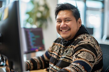 Cheerful Indigenous programmer man working with computers in office. , background blur