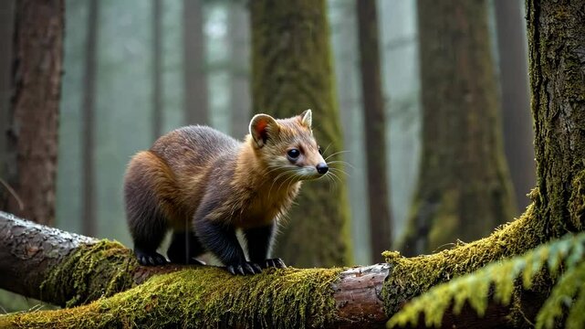 Brown marten looking around in the rainy forest. Summer or autumn animal wildlife watching footage for animalistic video. Realistic shot at woods landscape with mammal.