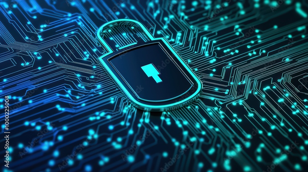 Poster close-up of a digital lock on a circuit board representing cybersecurity and data protection.