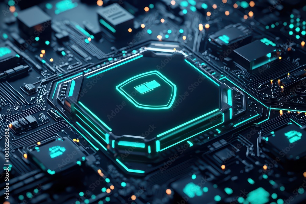 Poster close-up of a futuristic microprocessor on a circuit board with glowing elements and intricate detai