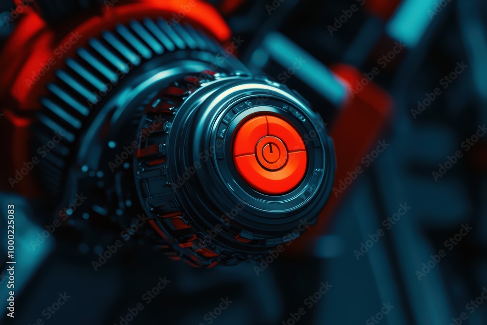 Poster close-up of a futuristic power button on a robotic machine with vibrant red and blue lighting.