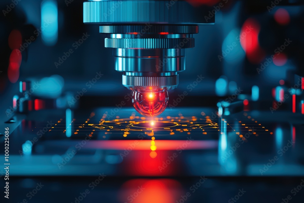 Poster close-up of a laser machine working on circuit board, modern technology in action.