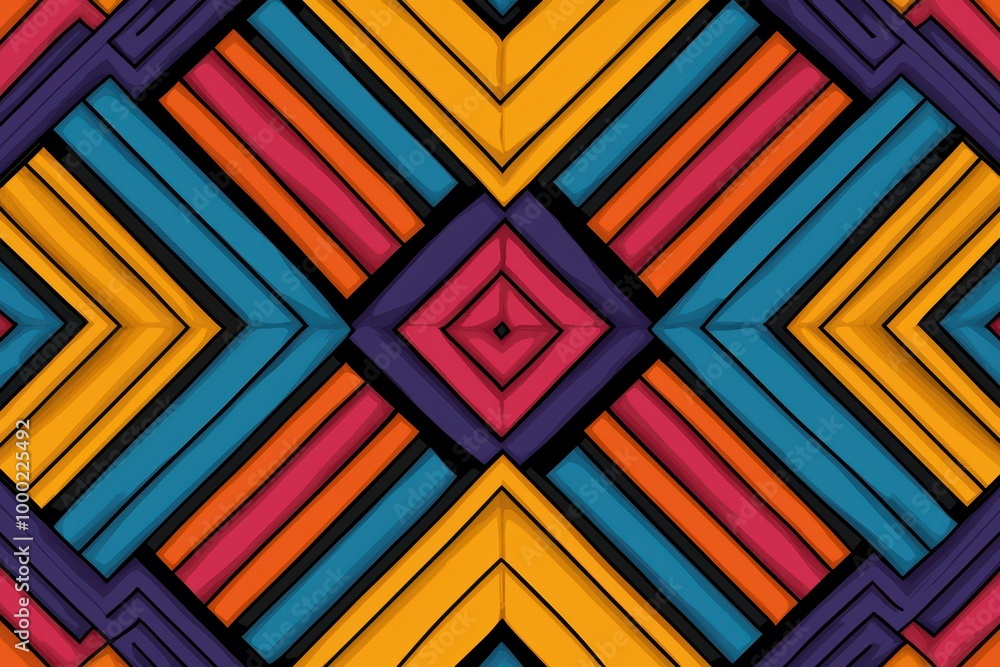Poster colorful geometric patterned design with vibrant hues and dynamic shapes.