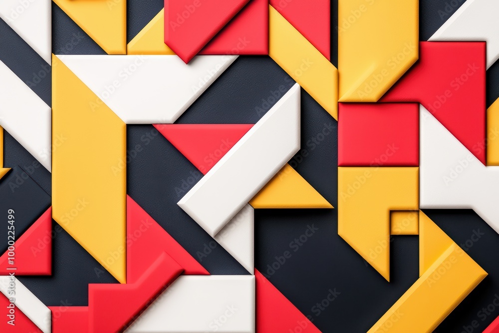 Poster colorful geometric shapes arranged in an abstract pattern on a dark background.