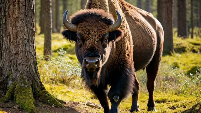 Eastern bison standing and looking around in the forest. Summer or autumn animal wildlife watching footage for animalistic video. Realistic shot at woods landscape with mammal.
