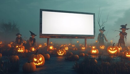 Foggy advertising billboard blank display amid eerie surroundings showcasing a Halloween theme for creative promotional mockups.