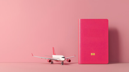 Colorful travel essentials with a pink passport and airplane model on a soft pink background.