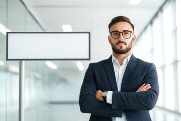 Fototapeta premium Confident businessman standing with arms crossed in modern office space.