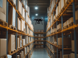 Fototapeta premium Drone Scanning Inventory in a High-Tech Warehouse