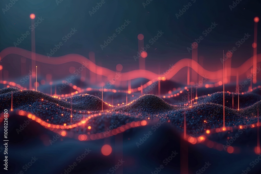 Poster abstract digital landscape with glowing red lines and points on dark background.