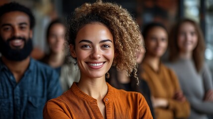 Obraz premium Diverse and inclusive group of office colleagues smiling at a team building workshop event, workplace race inclusion and diversity concept 