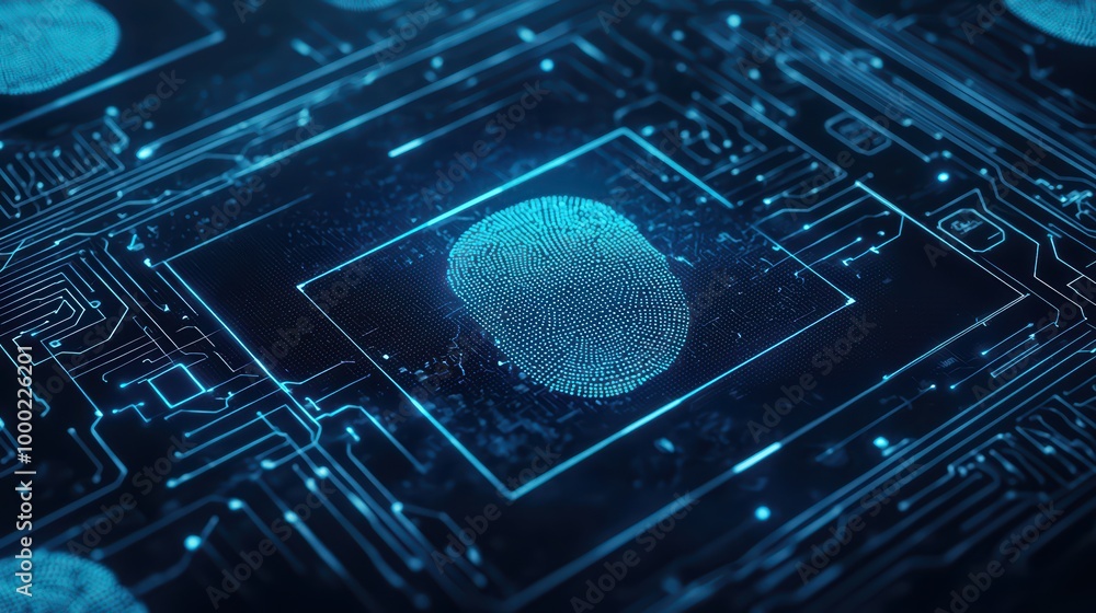 Poster digital fingerprint on a circuit board background, showcasing biometric security technology.