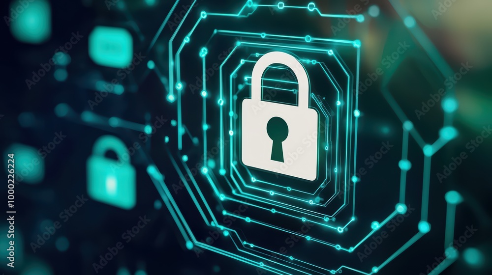 Poster digital padlock symbol representing cybersecurity and data protection on a technology background.
